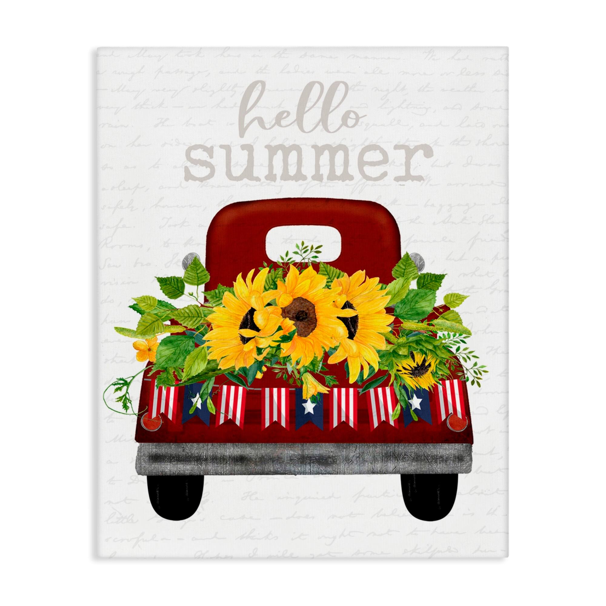 Stupell Industries Hello Summer Quote Sunflower Flower Patriotic Truck Canvas Wall Art